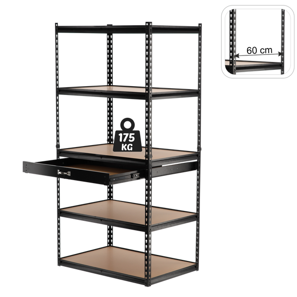 REGAŁ 5-POZIOMOWY Z SZUFLADĄ 180 x 90 x 60 CM UDŹWIG PÓŁKI: 175 KG *2127