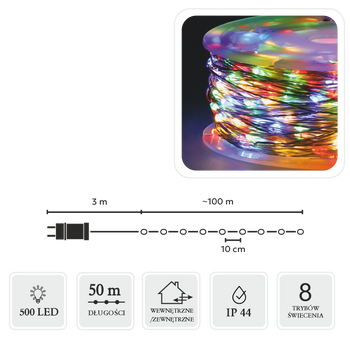 LAMPKI LED DRUCIKI NA SZPULI 500L MULTIKOLOR, DŁ. 3 + 50 M *8547