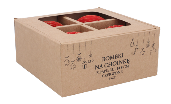 SET OF 4 CHRISTMAS TREE PAPER BAUBLES 8 CM RED