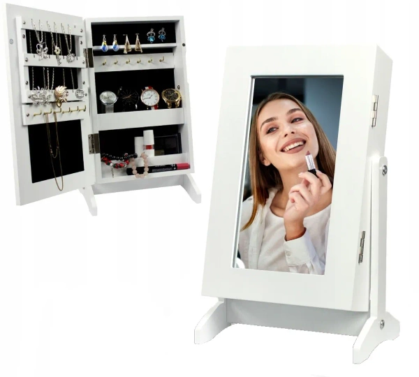 SZAFKA NA BIŻUTERIĘ Z LUSTREM BIAŁA 21 x 15 x 35 cm *5775