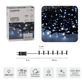 LAMPKI LED 1000L ZIMNY BIAŁY + ZIMNY FLASH, DŁ. 3 + 50 M WEWN/ZEWN *9652