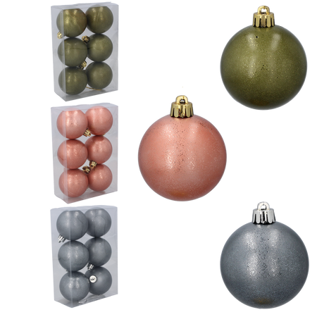 SET OF 6 BAUBLES 6 CM OLIVE/COPPER/GRAPHITE