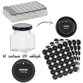 SET 24 BORCANE PATRATE 120 ML FI 53 + SET 120 ETICHETE CU CONDIMENTE ZGRZ=24 BUC *6612