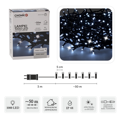 LAMPKI LED 1000L ZIMNY BIAŁY + ZIMNY FLASH, DŁ. 3 + 50 M WEWN/ZEWN *9652