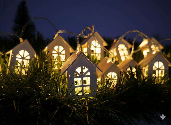 LED LIGHT CHAIN - WHITE WOODEN HOUSES 10 L BATTERY-POWERED