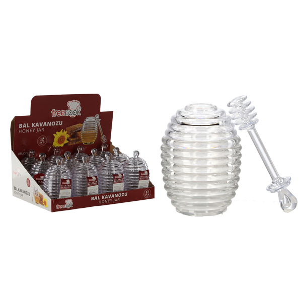 Borcan din plastic pentru miere 200 ml cu lingură disp=12buc *7956
