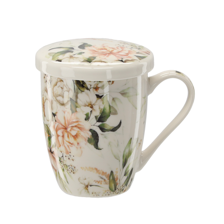 KUBEK PORCELANOWY Z ZAPARZACZEM I POKRYWKĄ 340 ML MIX KWIATOWYCH WZORÓW *1872