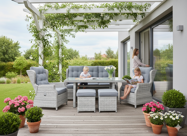 ZESTAW MEBLI OGRODOWYCH ALUMINIOWYCH RATTANOWYCH (SOFA + STÓŁ + 2 FOTELE + 2 PUFY) SZARY + SZARE PODUSZKI