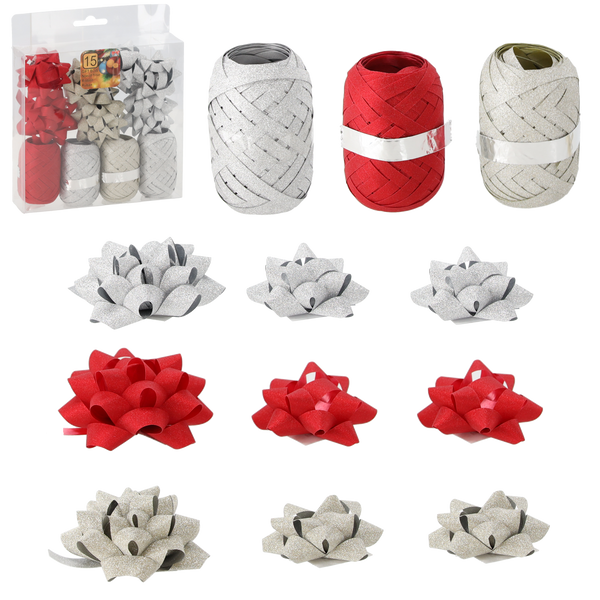 GIFT WRAPPING SET - GOLD / RED / SILVER (4 RIBBONS + 11 BOWS)
