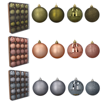 SET OF 20 BAUBLES 8 CM OLIVE/COPPER/GRAPHITE MIX DESIGNS