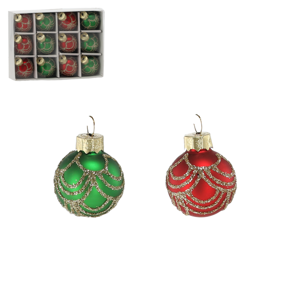 SET OF 12 GLASS ORNAMENTS - RED-GREEN
