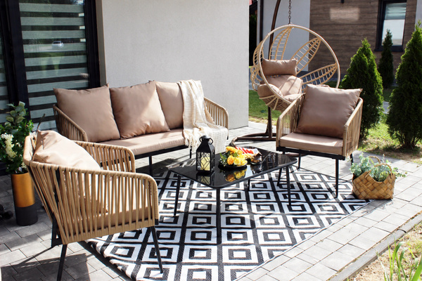 GARDEN FURNITURE SET MADE OF WOVEN ROPE (2 ARMCHAIRS + SOFA + TABLE) - BEIGE, CUSHIONS - BEIGE