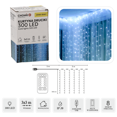 ZÁVESNÉ LED ZLATÉ DRÔTENKY 300L STUDENÝ BIELY, 3 x 3 M, USB, S DIAĽKOVÝM OVLÁDAČOM *0009