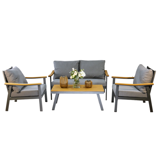 SADA HLINÍKOVÝCH NÁBYTKŮ "LUBLANA" (ROHOVÁ SOFA + 2 KŘESLA + STOLEK) ŠEDÁ + ŠEDÉ POLŠTÁŘE *9545