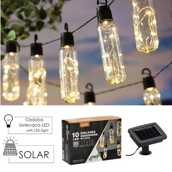 SOLÁRNY ZÁHRADNÝ REŤAZEC DĹŽKA 2 + 1,8 M LUX 10 LED TEPLÁ BIELA *3668