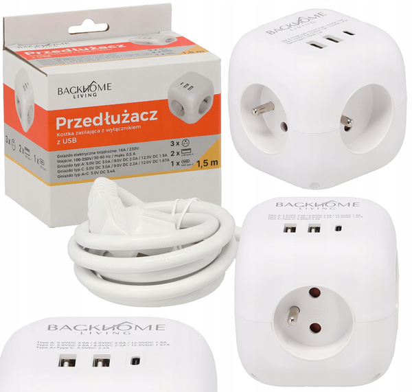 PREDĹŽENIE KOCKA ZDROJOVÁ 3 ZÁSUVKY 230V A 3 ZÁSUVKY USB 1,5 M BIELA *2578