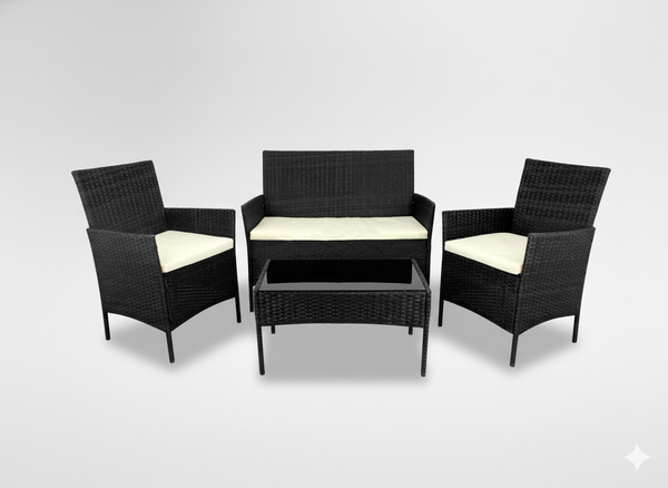 ZESTAW MEBLI RATTANOWYCH (SOFA, 2 FOTELE, ŁAWA) CZARNY + KREM. POD.