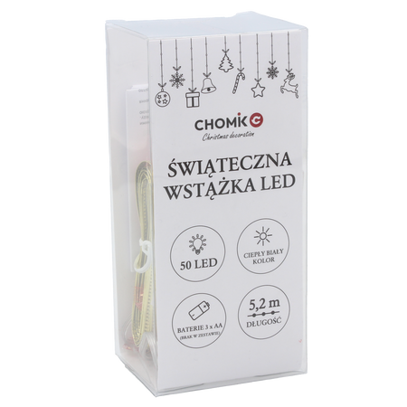 ŚWIĄTECZNA WSTĄŻKA LED MIX KOLORÓW 50L CIEPŁY BIAŁY NA BATERIE *0276