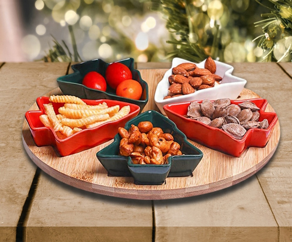 SET FOR SERVING APPETIZERS - 5 TREE-SHAPED BOWLS WITH BAMBOO BOARD