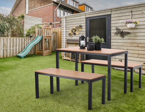 ZESTAW MEBLI OGRODOWYCH STÓŁ 110 x 58.5 x 75.5 CM + 2 ŁAWKI 110 x 39 x 45 CM BRĄZOWY *0858