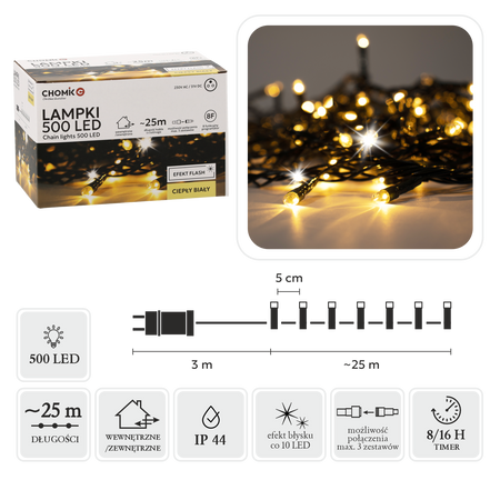LED KELLY 500L TEPLÁ BIELA + STUDENÝ BLESK, DĹŽKA 3 + 25 M VNÚTORNÝ/VONKAJŠÍ *9591