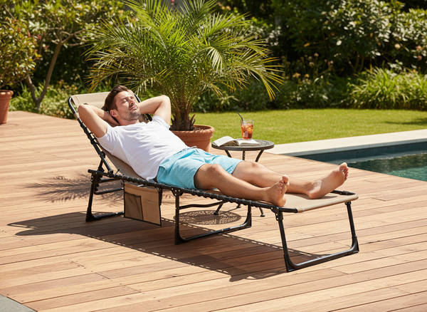 LEŻAK / ŁÓŻKO OGRODOWE SKŁADANE 190 x 58 x 30 CM Z KIESZONKĄ KREMOWE