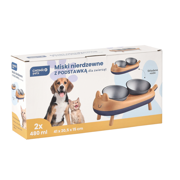 SET OF 2 STAINLESS STEEL BOWLS FOR DOG / CAT ON STAND 41 X 20.5 X 15 CM