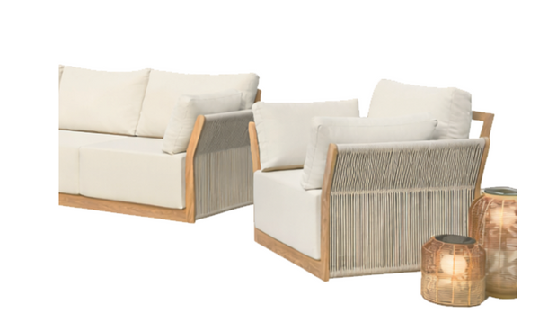 ZESTAW MEBLI OGRODOWYCH ALUMINIOWYCH (SOFA NAROŻNA + STÓŁ + FOTEL) BEŻOWY + BEŻOWE PODUSZKI