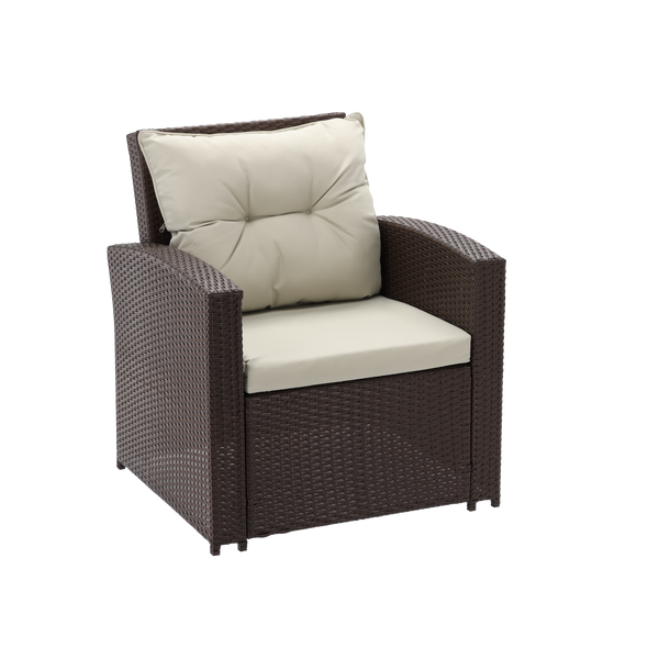 DUŻY ZESTAW MEBLI OGRODOWYCH (SOFA, 2 FOTELE, 2 PUFY, STOLIK) - BRĄZOWY, PODUSZKI - BEŻOWY