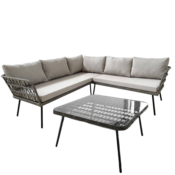 ZESTAW MEBLI OGRODOWYCH (SOFA NAROŻNA, STOLIK) - SZARY, PODUSZKI - SZARY