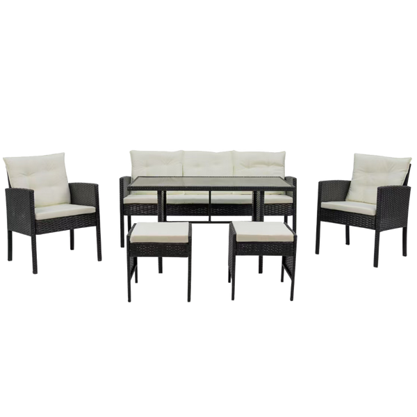 RATTAN FURNITURE "VADUZ" SET (SOFA + 2 ARMCHAIRS + 2 STOOLS + TABLE) BLACK + BEIGE CUSHIONS