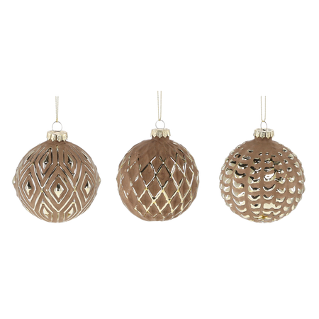 GLASS BAUBLE 8 CM BROWN DECORATED MIX DESIGNS