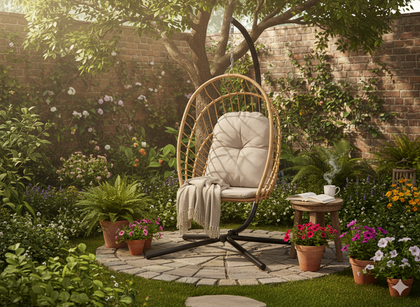 FOTEL WISZĄCY SKŁADANY ERIS BRĄZOWY, PODUSZKA - SZARA, RAMA - CZARNA