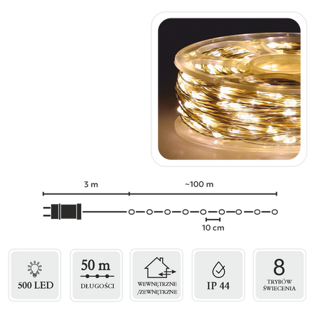 LAMPKI LED DRUCIKI NA SZPULI 500L CIEPŁY BIAŁY, DŁ. 3 + 50 M *8523