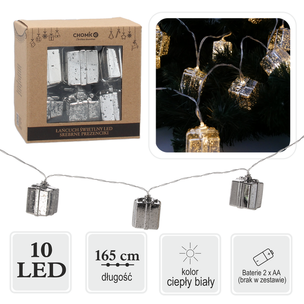 LED REŤAZEC S STRIEBORNÝMI DARČEKMI 10 L TEPLÁ BIELA *0962