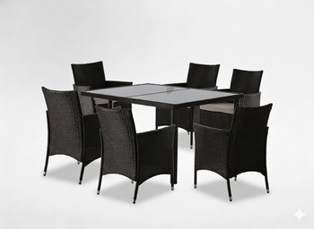 ZESTAW MEBLI RATTANOWYCH (STÓŁ + 6 KRZESEŁ) BRĄZOWY + BEŻ. POD.