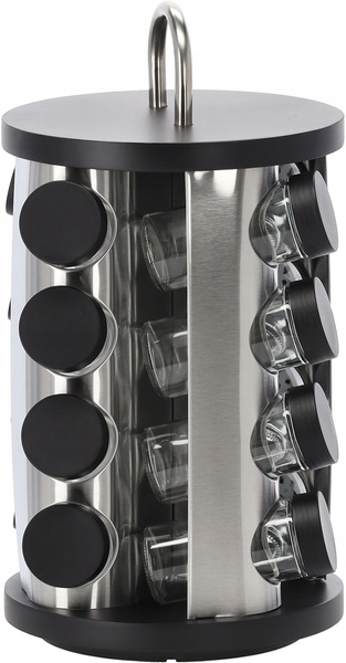 PRZYPRAWNIK OKRĄGŁY 17,5 x 33 CM Z RĄCZKĄ 16 SŁOICZKÓW CZARNO-SREBRNY *9158