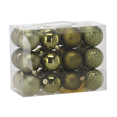 SET OF 24 BAUBLES 6 CM OLIVE/COPPER/GRAPHITE MIX DESIGNS