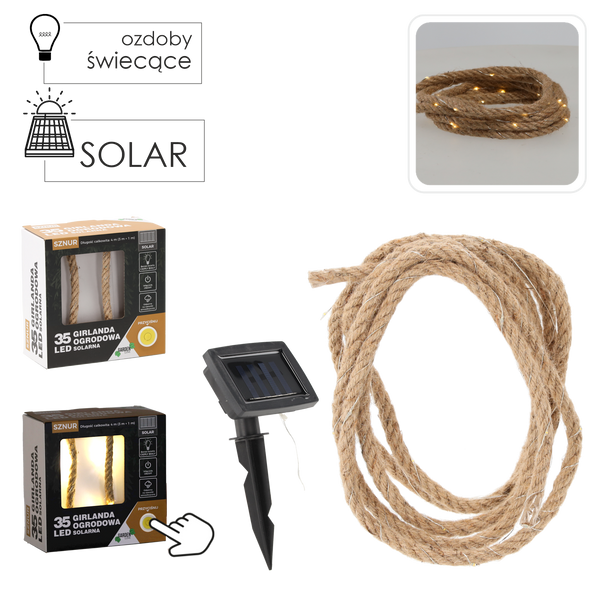 GIRLANDA SOLARNA OGRODOWA DŁ. 1 + 3 M SZNUR 35 LED CIEPŁY BIAŁY *6056