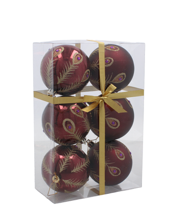 SET OF 6 CHRISTMAS BAUBLES DARK RED 8 CM