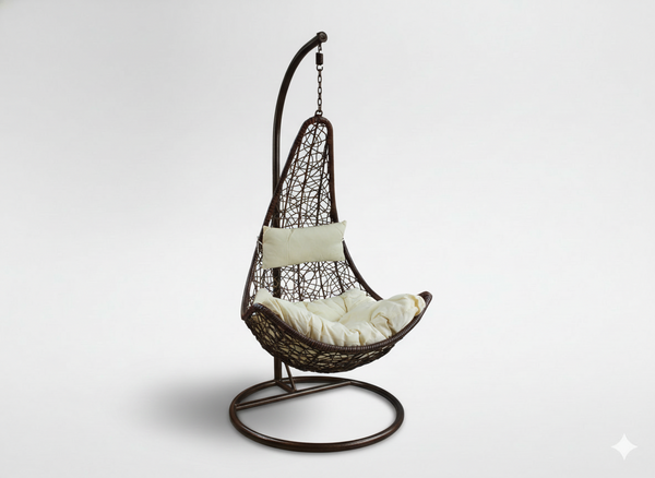 FOTEL WISZĄCY CIEMNY BRĄZ, PODUSZKA - KREM , RAMA - CIEMNY BRĄZ, POŁÓWKA