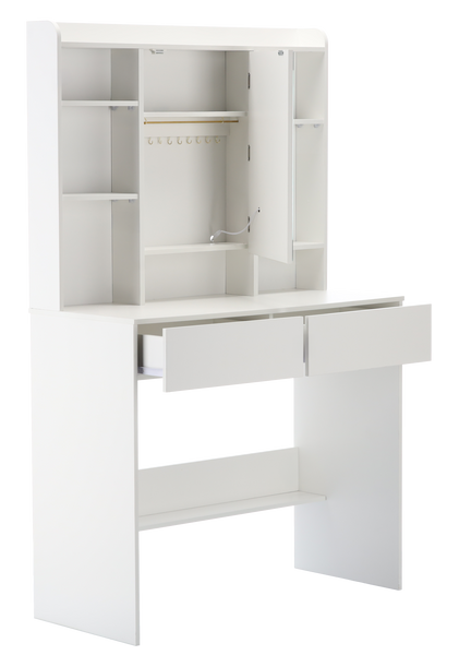 WHITE DRESSING TABLE WITH LED MIRROR AND 2 DRAWERS AND JEWELRY HOOKS