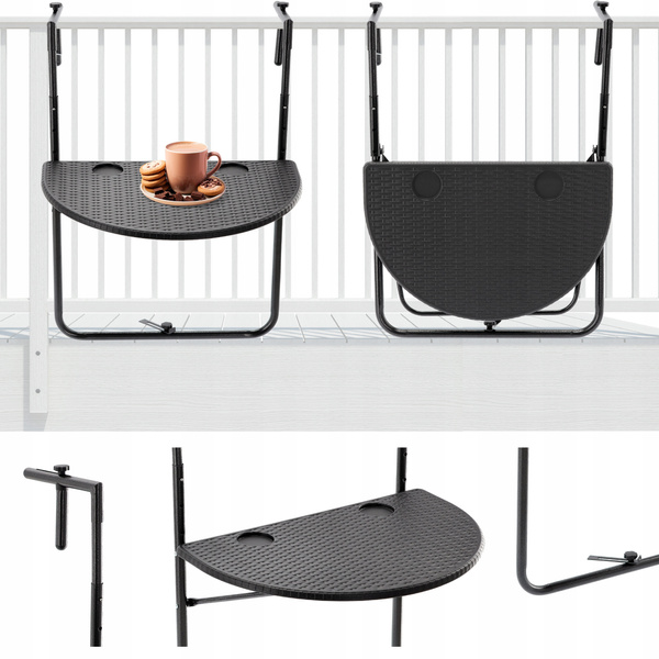 STÓŁ BALKONOWY WISZĄCY SKŁADANY 60 x 64 x 73-78.5 -83.5 CZARNY  *1022