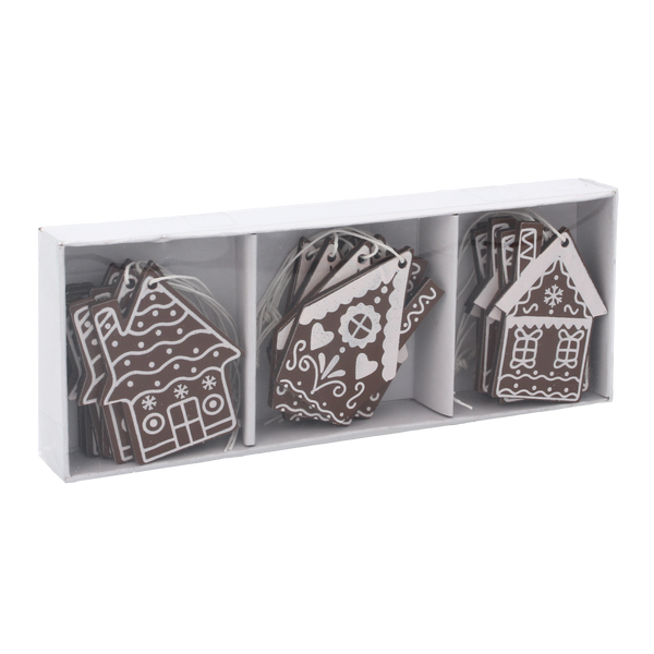 SET OF 18 WOODEN CHRISTMAS DECORATIONS DARK BROWN ASSORTED 3 DESIGNS HOUSES
