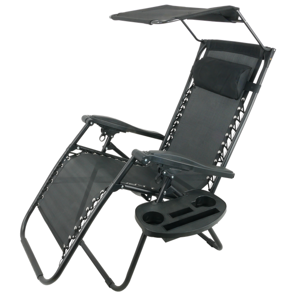 LEŻAK OGRODOWY SKŁADANY Z PODSTAWKĄ, KIESZONKĄ, DASZKIEM I ZAGŁÓWKIEM CZARNY *9962