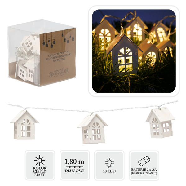LED LIGHT CHAIN - WHITE WOODEN HOUSES 10 L BATTERY-POWERED