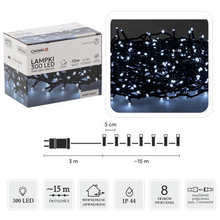 LAMPKI LED 300L ZIMNY BIAŁY DŁ. 3 + 15 M WEWN/ZEWN *9515