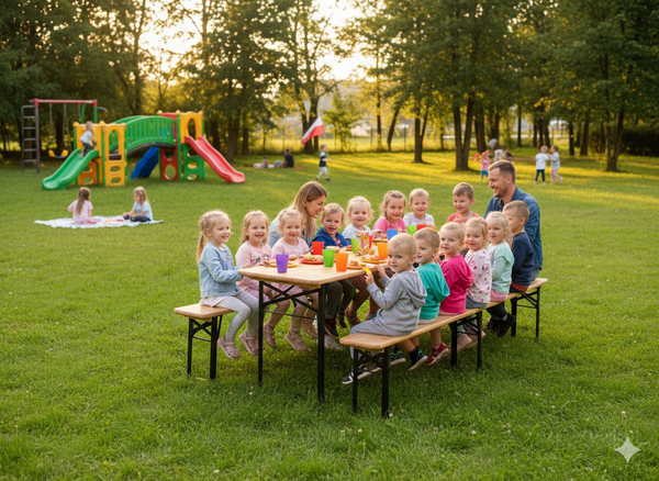 ZESTAW BIESIADNY - STÓŁ 220 x 50 x 77 cm + 2 ŁAWKI 220 x 25 x 47 cm - SKŁADANY