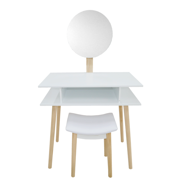 TOALETKA DO WIZAŻU BIAŁA RETRO Z OKRĄGŁYM LUSTREM + TABORET *5803