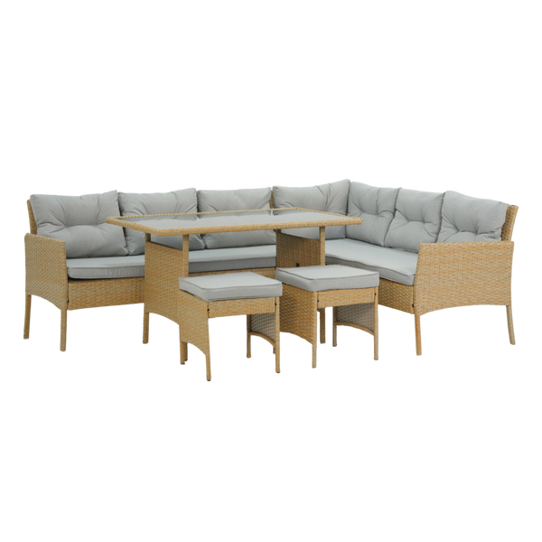 SET DE MOBILĂ DIN RATTAN "BERNO" (CANAPEA PE COLȚ + 2 PUFE + MASĂ) BEJ + PERNE GRI *9576